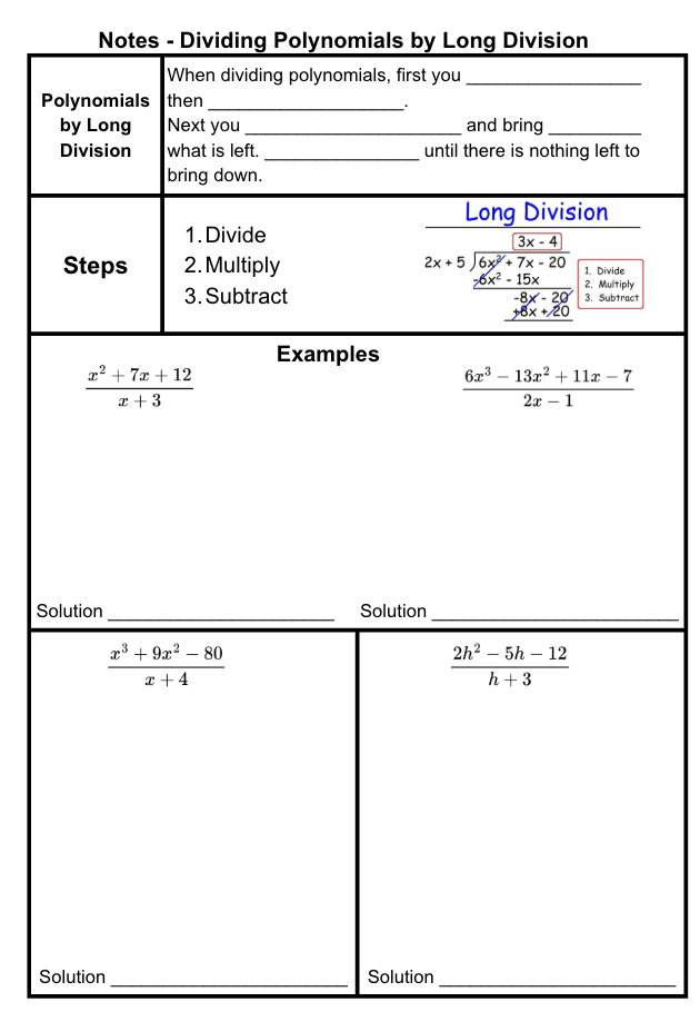 Dividing Polynomials by Long Division Notes